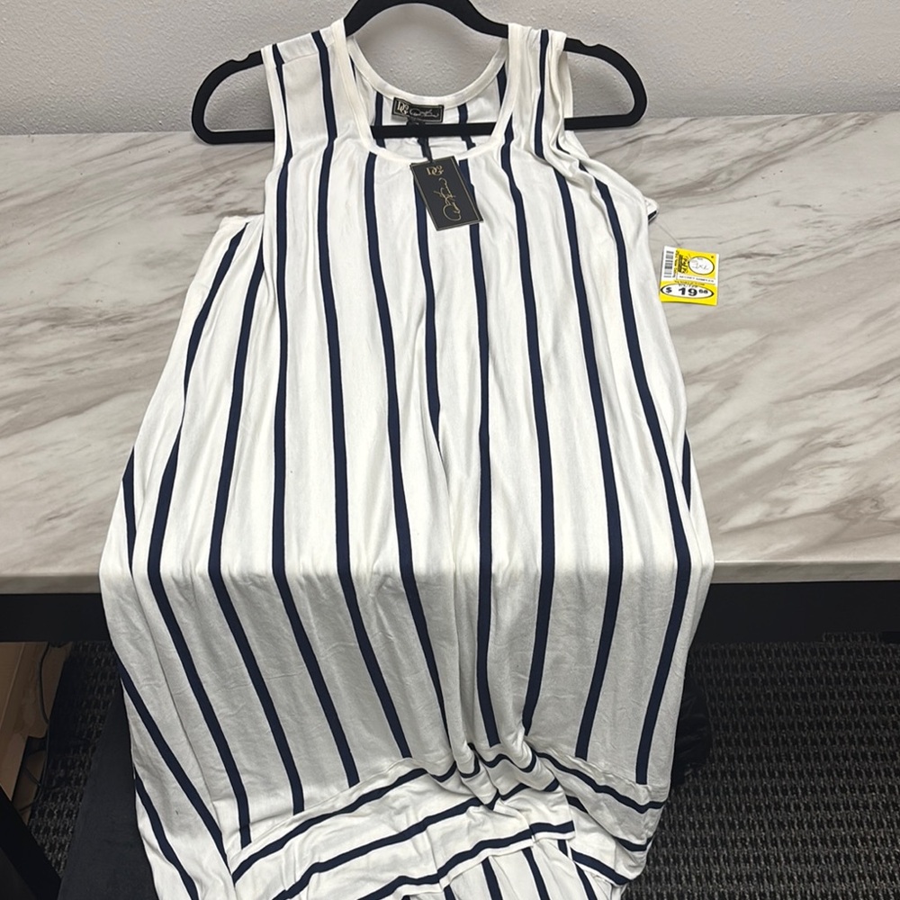 White and Navy Striped Sleeveless Dress